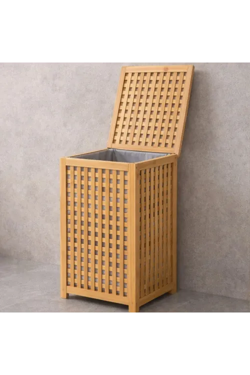Kalın Ahşap Bambu Kirli Çamaşır Sepeti Kumaş Çantalı Sepet=40x40x58cm