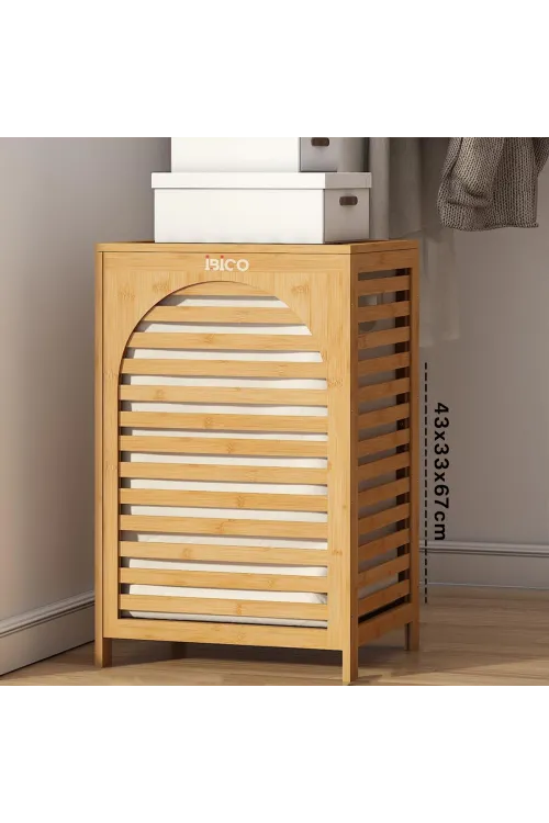 Kalın Ahşap Bambu Kirli Çamaşır Sepeti Kumaş Çantalı Sepet=43x33x67cm
