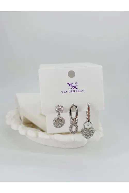 Kalp Detaylı Üçlü Kombin Küpe - Kp00534