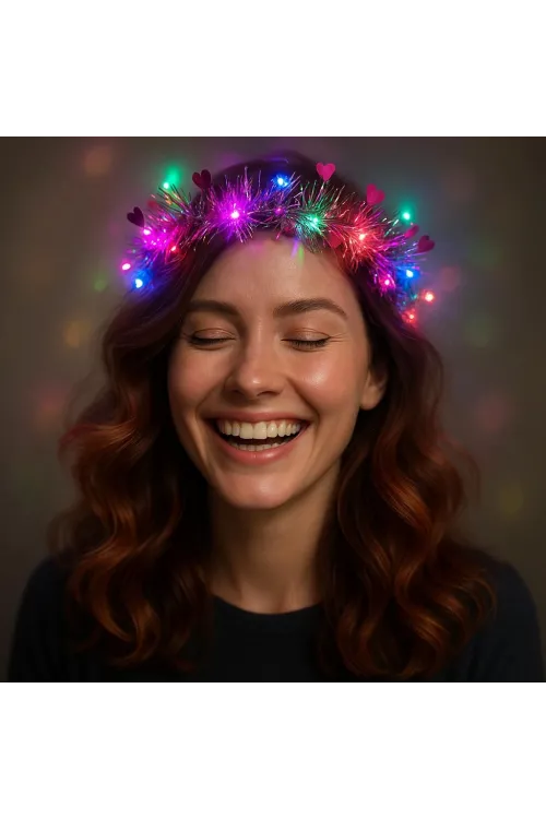 Kalp Püsküllü Gece Parıltısı 3 Modlu LED'li Işıklı Taç Fuşya Renk