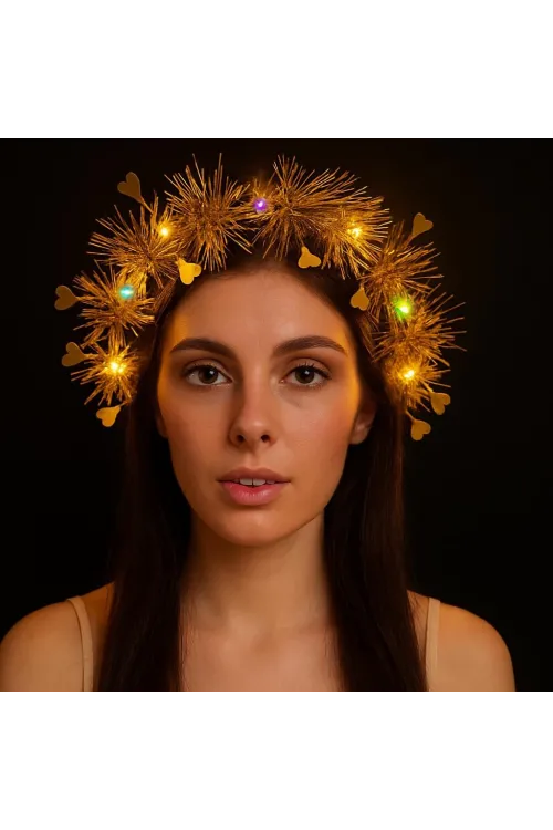 Kalp Püsküllü Gece Parıltısı 3 Modlu Led39li Işıklı Taç Altın Renk