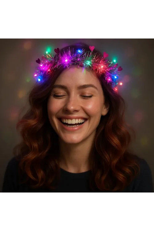 Kalp Püsküllü Gece Parıltısı 3 Modlu Led39li Işıklı Taç Fuşya Renk