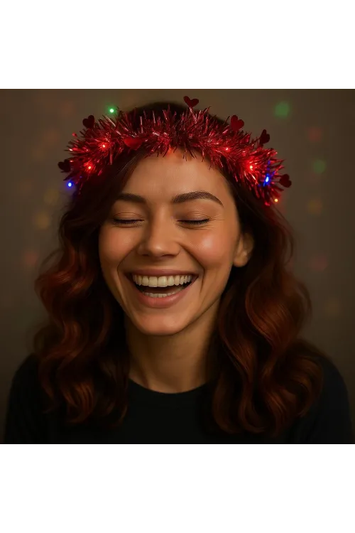 Kalp Püsküllü Gece Parıltısı 3 Modlu Led39li Işıklı Taç Kırmızı Renk