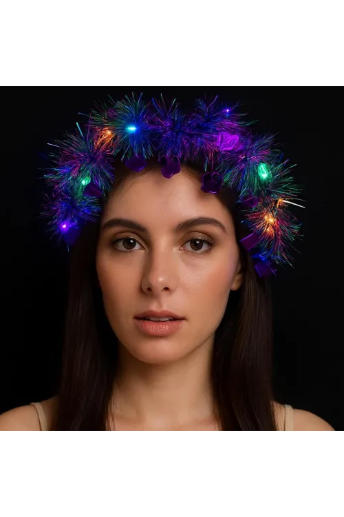Kalp Püsküllü Gece Parıltısı 3 Modlu Led39li Işıklı Taç Mor Renk