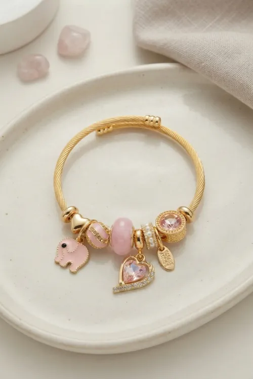 Kalp ve Fil Model Pembe Charmlı Bileklik