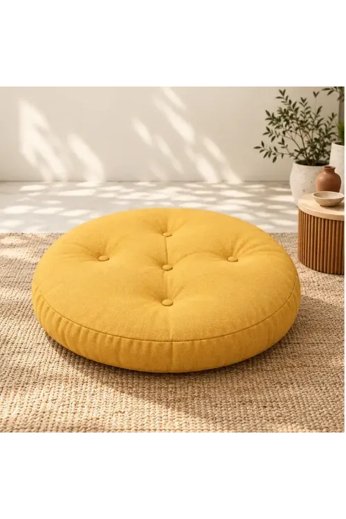Kapitone Yuvarlak Yer Minderi · 60 × 60 × 8 cm · Hardal