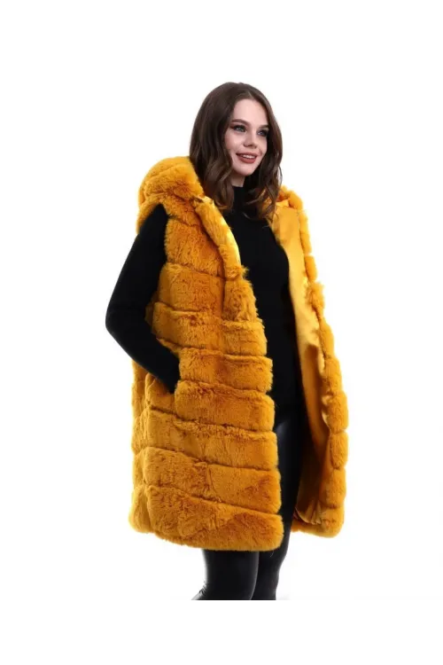 Kapşonlu Peluş Kürk Yelek Premium Kalite, Tam Astarlı, Uzun Model - Sarı