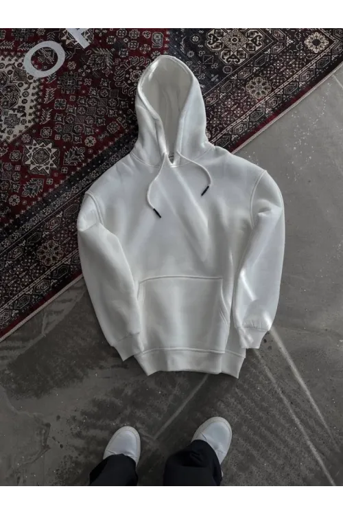 Kapşonlu Üç İplik Penye Basic SweatShirt - Beyaz