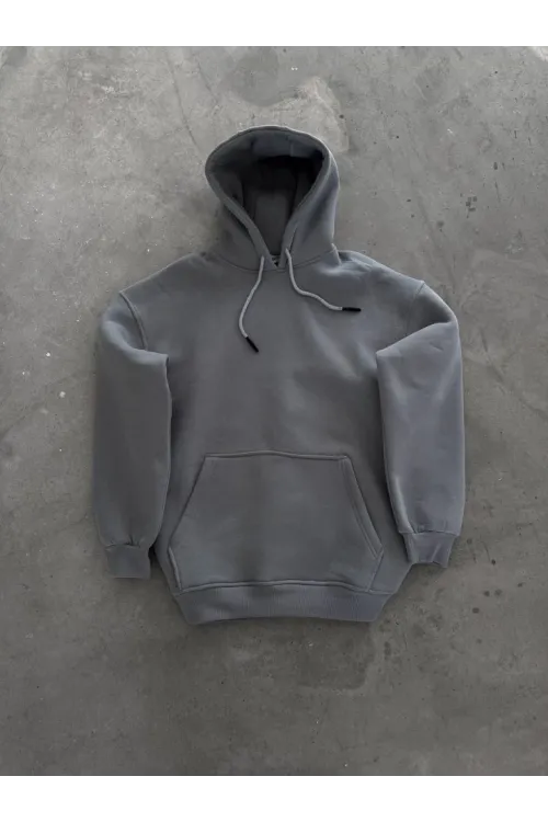 Kapşonlu Üç İplik Penye Basic SweatShirt - Boyalı Gri