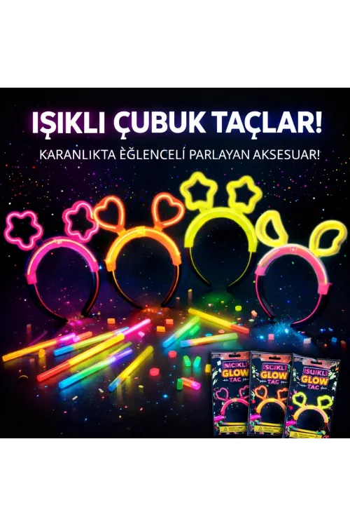 Karanlıkta Parlayan Glow Taç Seti 12 Adet – Yıldız Kalp Ay Çiçek (Her Model 3 Adet)