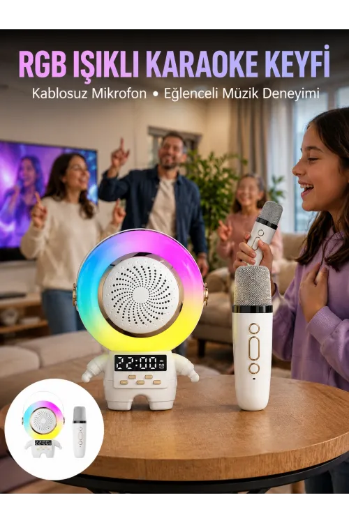 Karaoke Özellikli Astronot Bluetooth Hoparlör Kablosuz Mikrofonlu