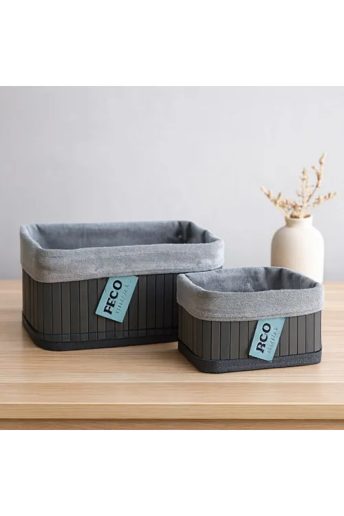 Kare Organizer Sepet - Bambu Kenarlı, Ahşap Taban, Bezli - 18x21 cm