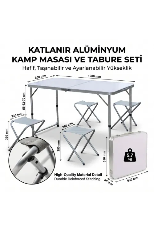 Katlanabilir Alüminyum Kamp Masası ve 4 lü Tabure Seti