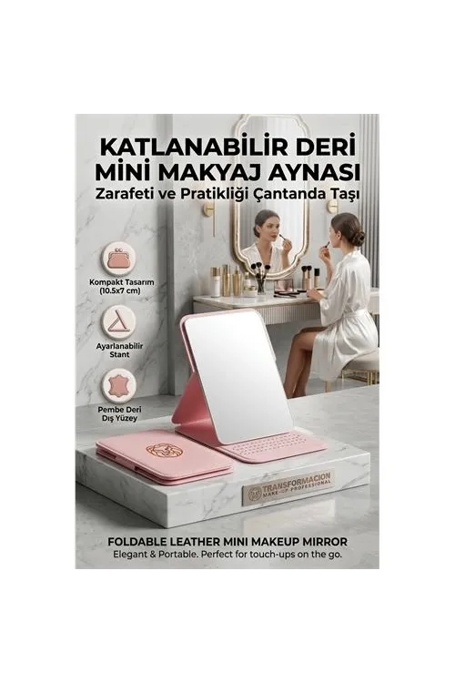 Katlanabilir Stantlı Makyaj Aynası | Pembe Deri Çanta Boyu Mini Ayna 723190