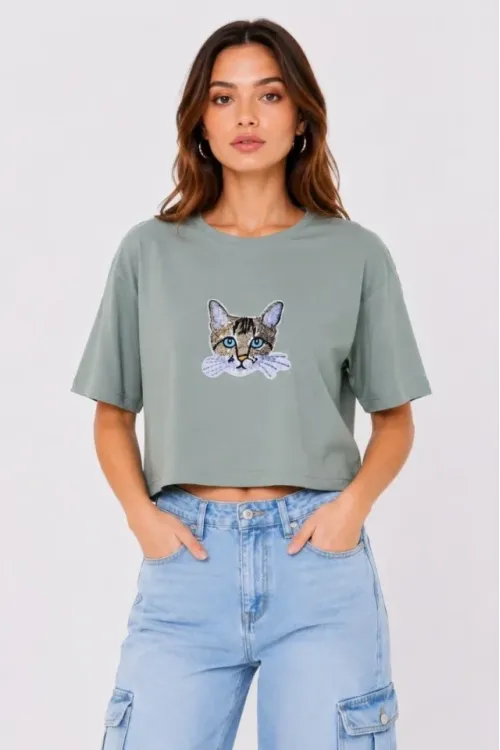 Kedi Baskılı Oversize Crop Tişört Salaş Basic Yarım Kol T-shirt - Mint Yeşili