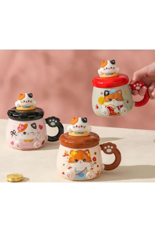Kedi Desenli Figürlü Seramik Bardak