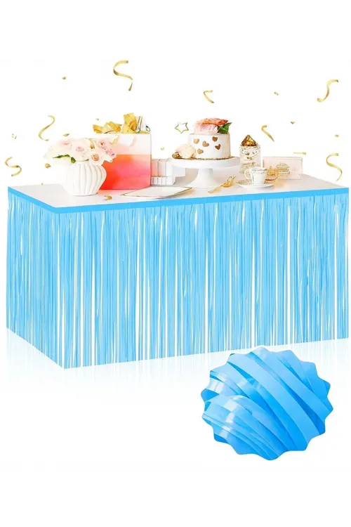Kendinden Yapışkanlı Makaron Mavi Püsküllü Masa Eteği – 75 X 275 Cm Parti Süslemesi