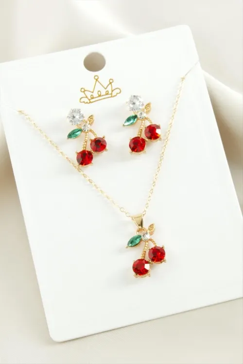 Kiraz Zirkon Taşlı Set Kolye