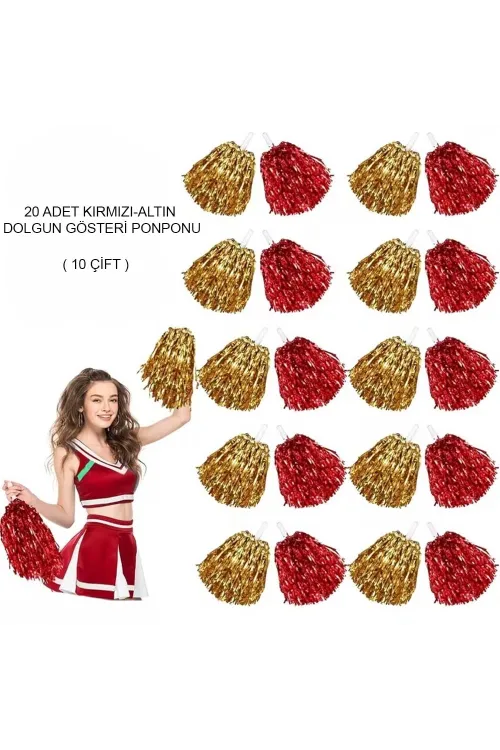 Kırmızı Altın Metalik Dolgun Gösteri Ponponu 20 Adet (10 Çift)