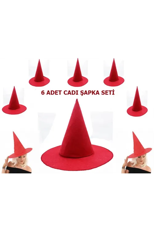 Kırmızı Renk Keçe Cadı Şapkası Yetişkin Çocuk Uyumlu 6 Adet