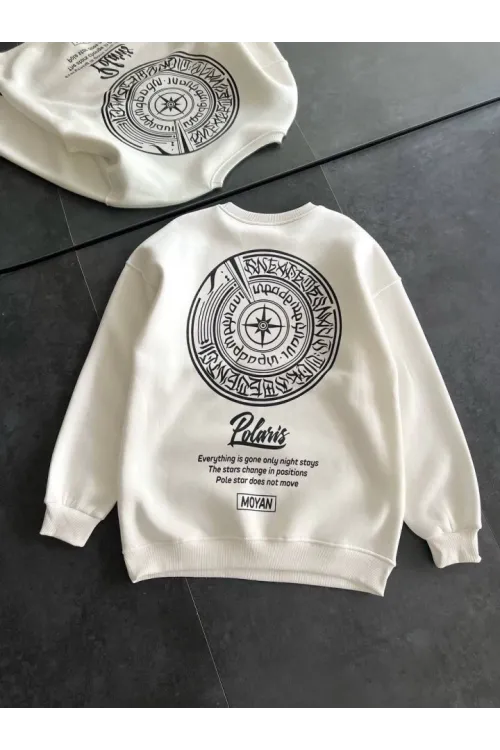 Kışlık Bisiklet Yaka Ön Ve Arka Baskılı SweatShirt - Beyaz