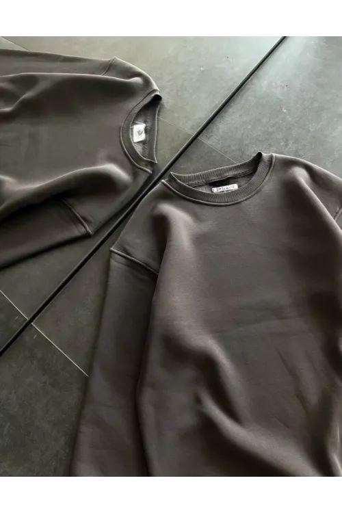 Kışlık Bisiklet Yaka Üç İplik Basic SweatShirt - Füme