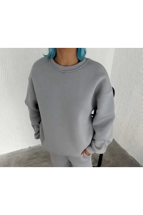 Kışlık Bisiklet Yaka Üç İplik Basic SweatShirt - Gri