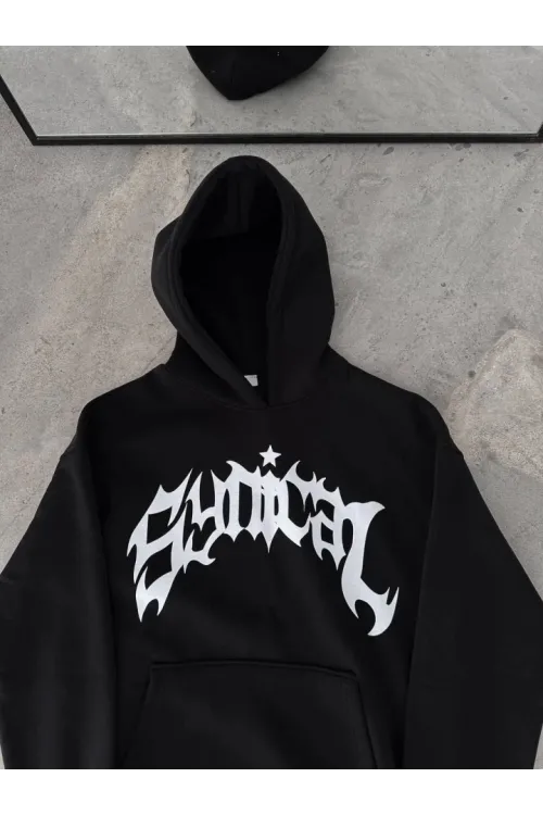 Kışlık Kapşonlu Baskılı Oversize SweatShirt- Siyah