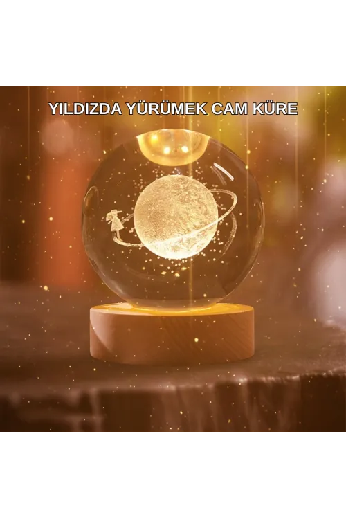Kız Figürlü Sarı Cam Küre Işıklı Büyük Boy Ahşap Standlı Dekor