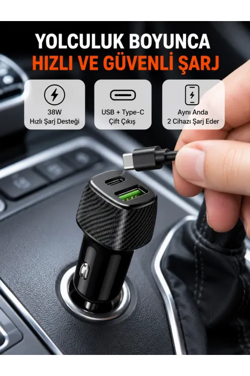Kompakt Tasarımlı Type-c + Usb Girişli Araç Şarj Başlığı