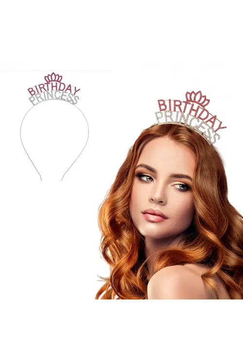 Kristal Taşlı Pembe Birthday Princess Yazılı Parti Tacı 19x11 cm