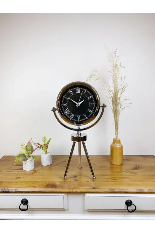 Krom Metal Mini Tripod Siyah Retro Masa Saati 45×26 cm