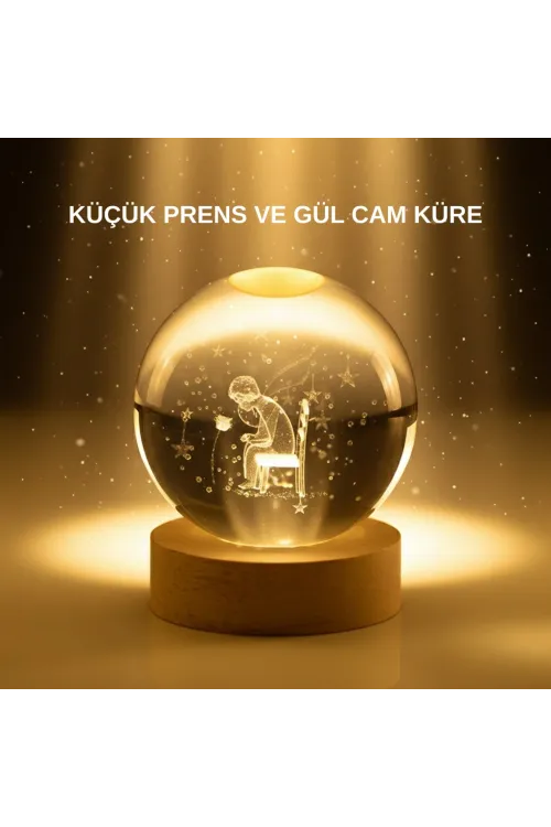 Küçük Prens Cam Küre Usb Işıklı Ahşap Standlı Büyük Boy
