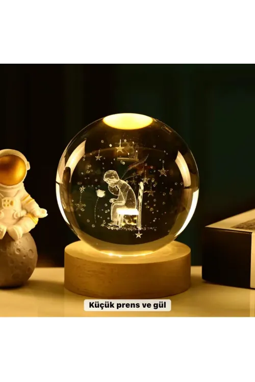 Küçük Prens Temalı Büyük Boy Işıklı Cam Küre Ahşap Stand