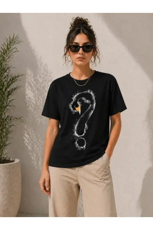Kuğu Figürlü Soru İşareti Baskılı Tişört Kısa Kol T-Shirt - Siyah