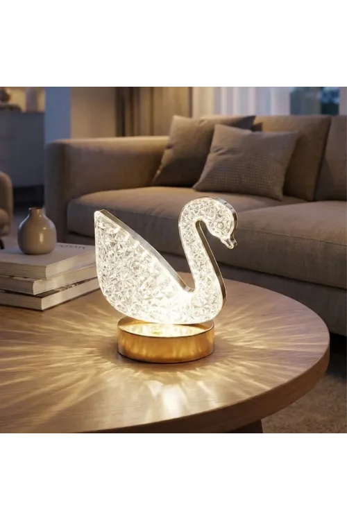 Kuğu Model Kristal Led Masa Lambası – Dokunmatik, 3 Renk Işık Modlu, Şarjlı Mini Dekoratif Gece Lambası