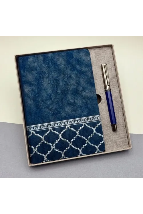 Kutulu Desenli Deri Defter Ve Metal Roller Kalem Set