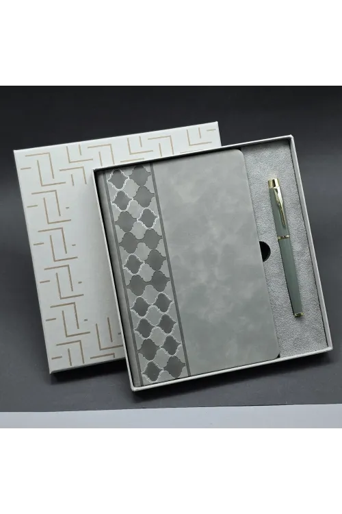 Kutulu Gri Defter Ve Metal Kalem Seti