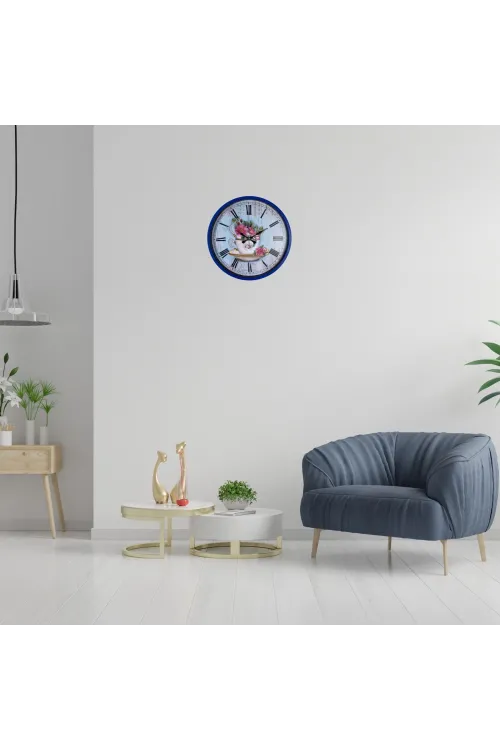 Lacivert Çiçek Desenli 36 Cm Duvar Saati