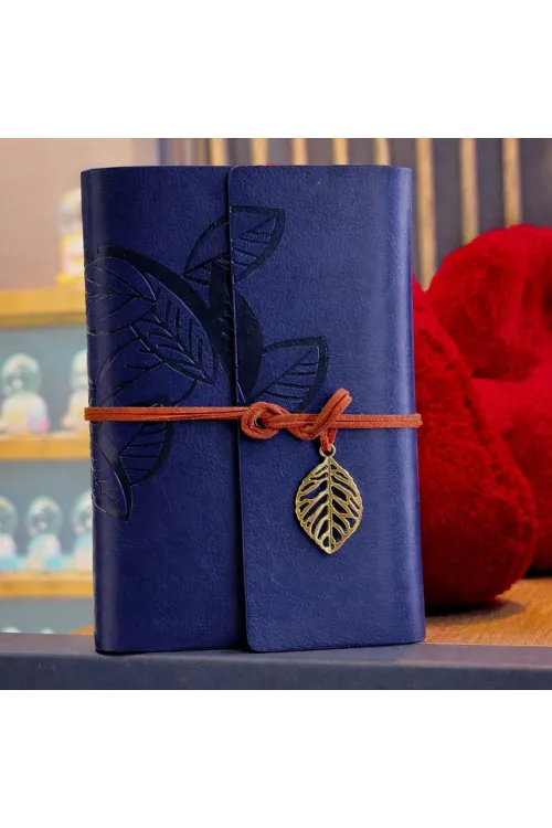 Lacivert Deri Yaprak Desenli Defter