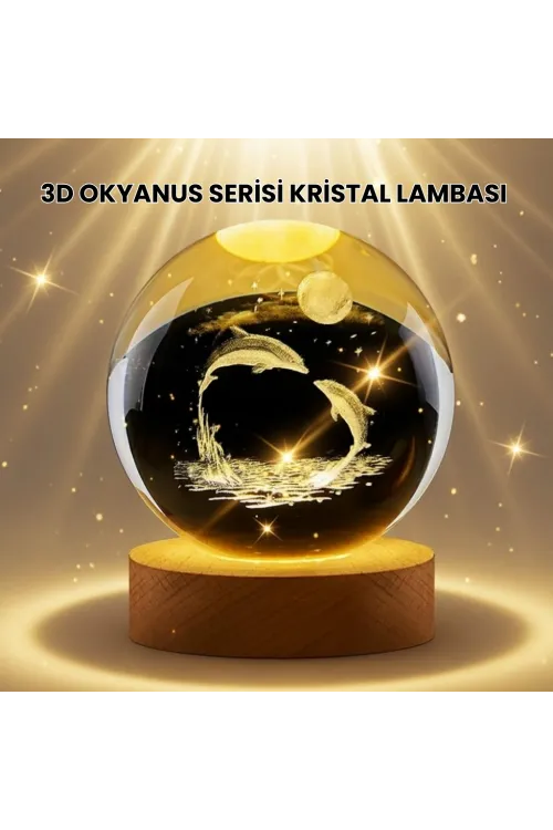 Lazer İşlemeli Yunus Kristal Küre Sıcak Işıklı Ahşap Standlı