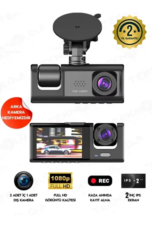Lcd Ekranlı 3 Kameralı Dash Cam Araç İçi Yol Kayıt Kamerası Gece Görüşlü G Sensörlü