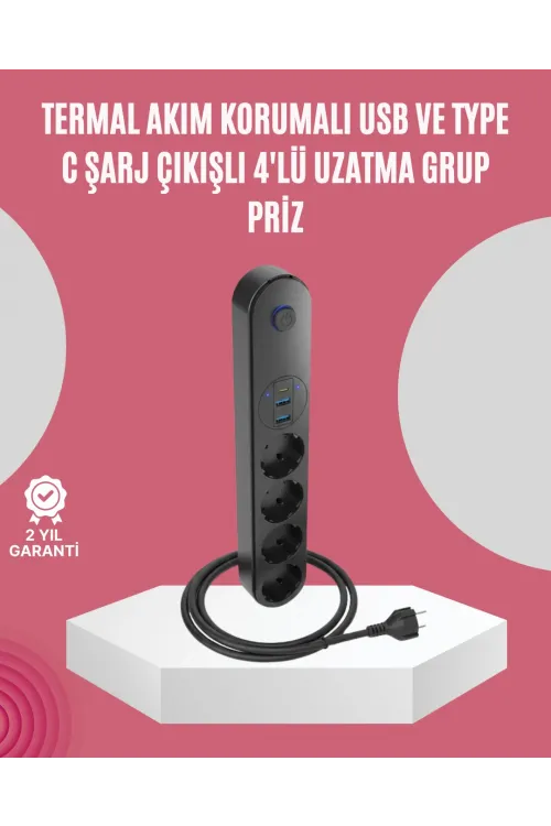 Led Anahtarlı Akım Korumalı Çoklu Priz 4 Priz 3 Usb Girişli