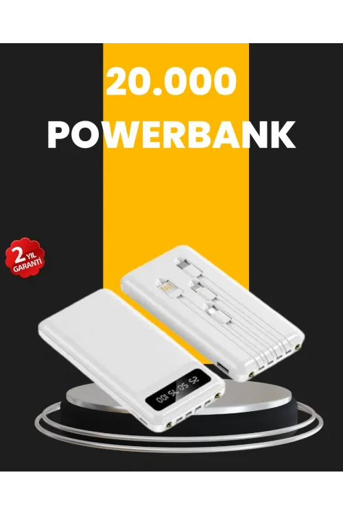 Led Işıklı 20.000mah Powerbank Lcd Gösterge Dahili Çoklu Kablo