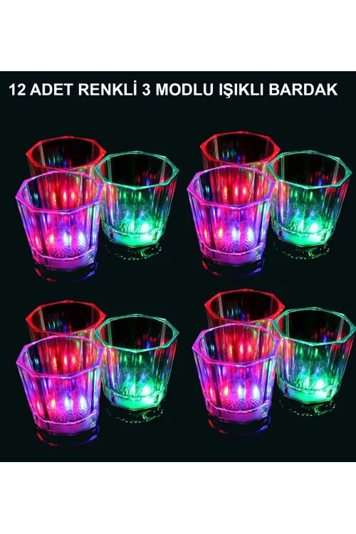 LED Işıklı Eğlence Bardakları - 3 Modlu Renk Değiştiren Bardak 12 Adet