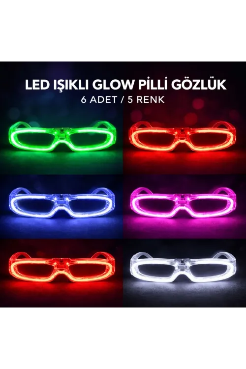 LED Işıklı Glow Pilli Parti Gözlüğü - Glow Efektli 6 Adet 5 Renk