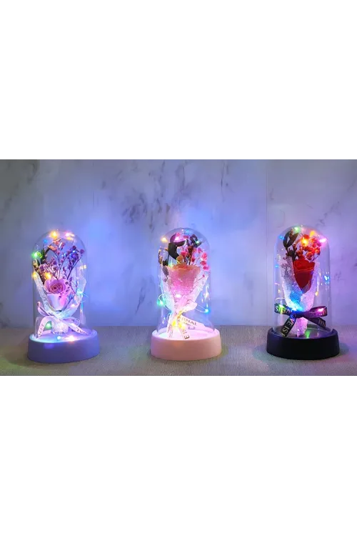 LED Işıklı Müzikli Cam Fanus İçinde Gül Buketi