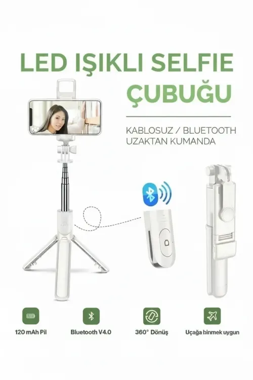 Led Işıklı Selfie Çubuğu Bluetooth Kumandalı Kablosuz Tripot Selfie Monopod Selfie Stick (Beyaz)