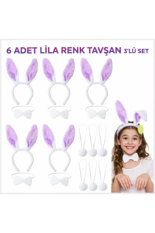 Lila Tavşan Sahne Seti 6'lı Set Taç Papyon Kuyruk