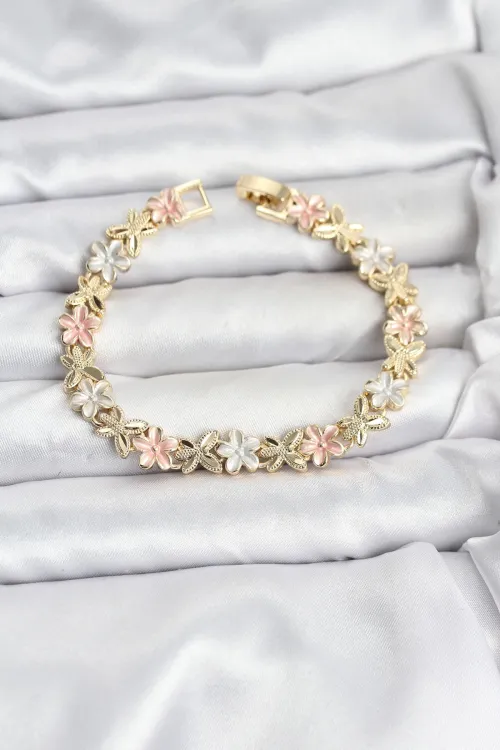 Lotus Model Pirinç Gold ve Pembe Renk Kadın Bileklik